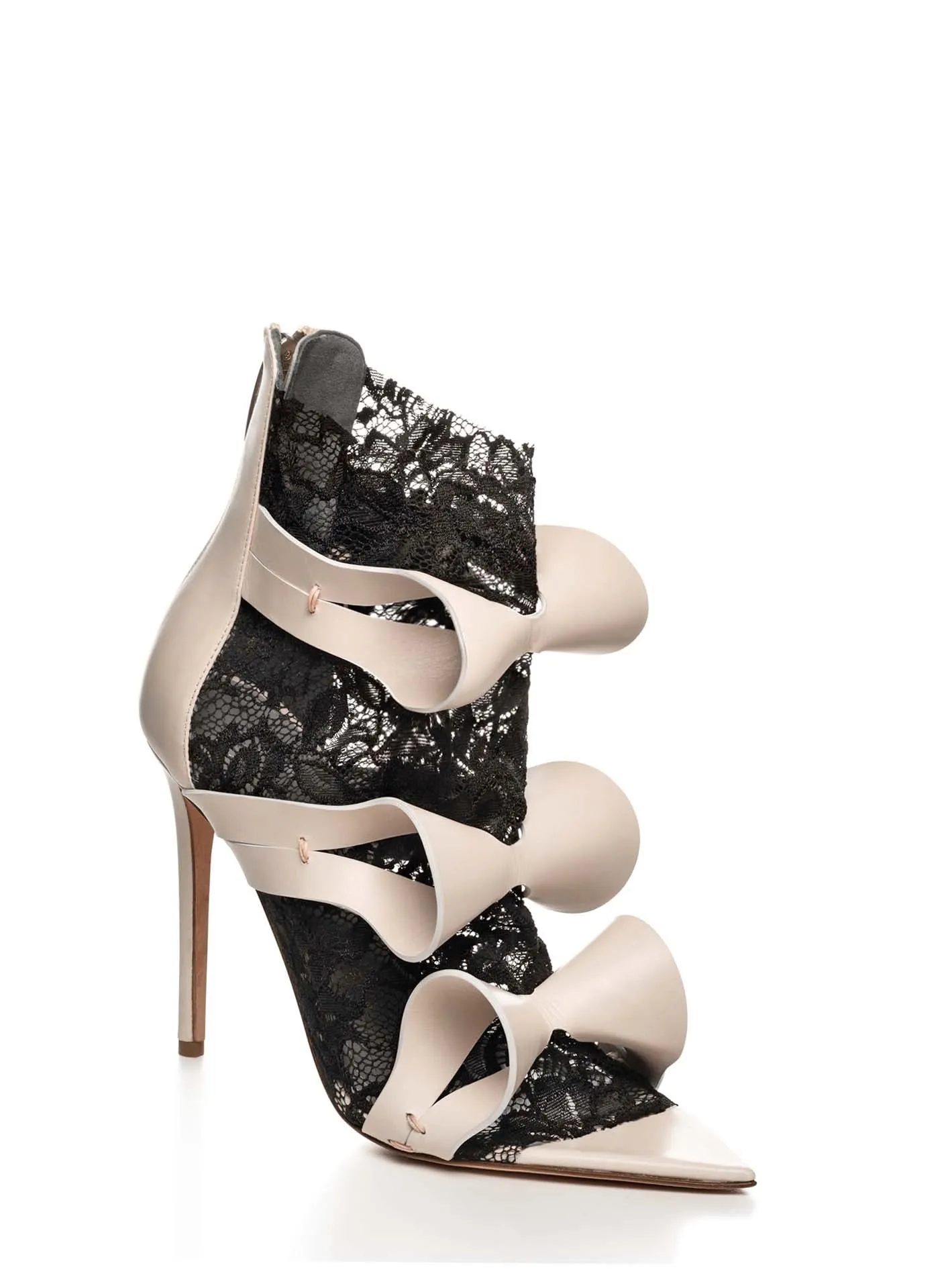 ALIX NUDE LEATHER & BLACK LACE SANDALS