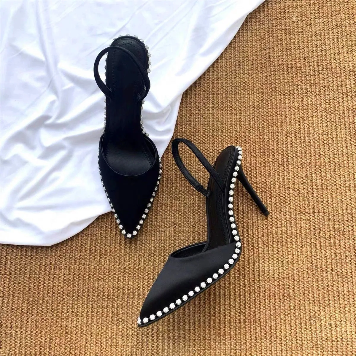 Amozae- Black Pointed Toe Satin Sandals 2024 New Summer Rhinestone Rivets Baotou High Heels Women's Shoes Stiletto