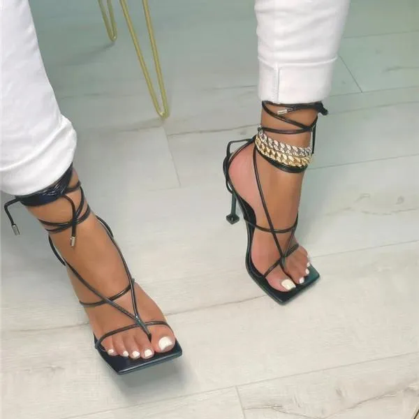 Amozae Sexy Open Squared Toe Thong Strap Heels