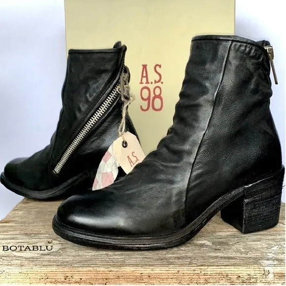 A.S.98 Jase Black Leather Zippered Ankle Bootie Boots