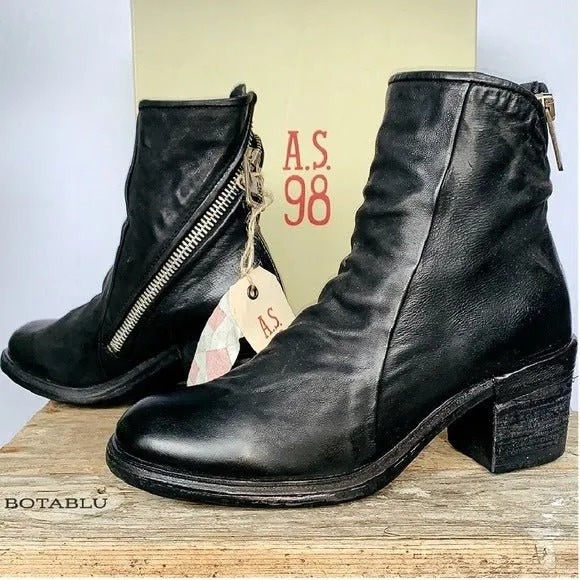 A.S.98 Jase Black Leather Zippered Ankle Bootie Boots