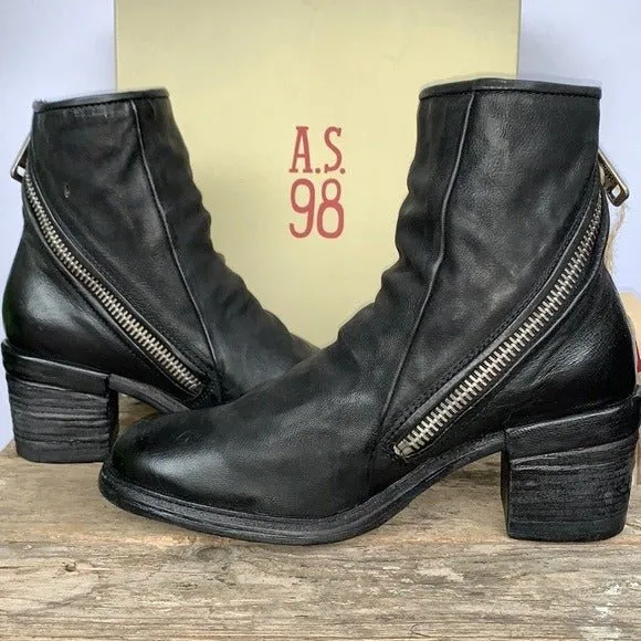 A.S.98 Jase Black Leather Zippered Ankle Bootie Boots