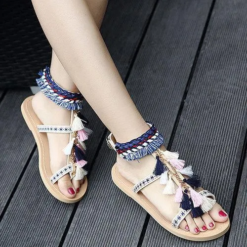 Bohemia Colorful Tassel Peep Toe Buckle Flat Sandals