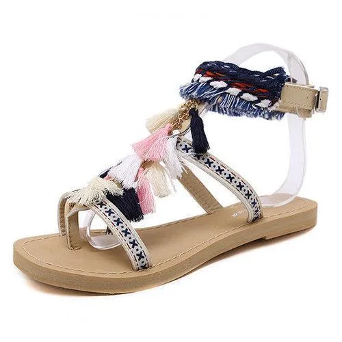 Bohemia Colorful Tassel Peep Toe Buckle Flat Sandals