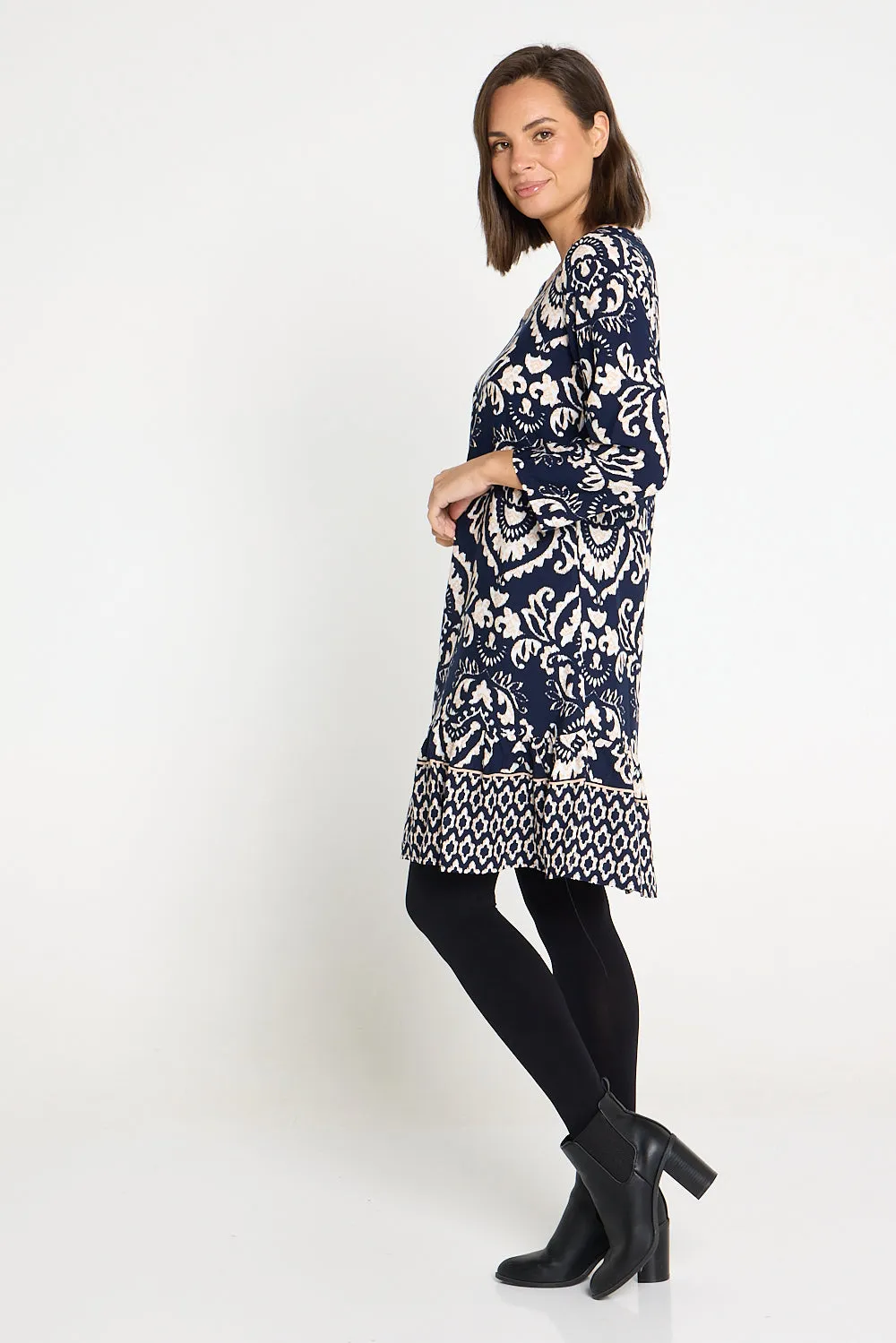 Cassandra Petite Dress - Navy Jacobean