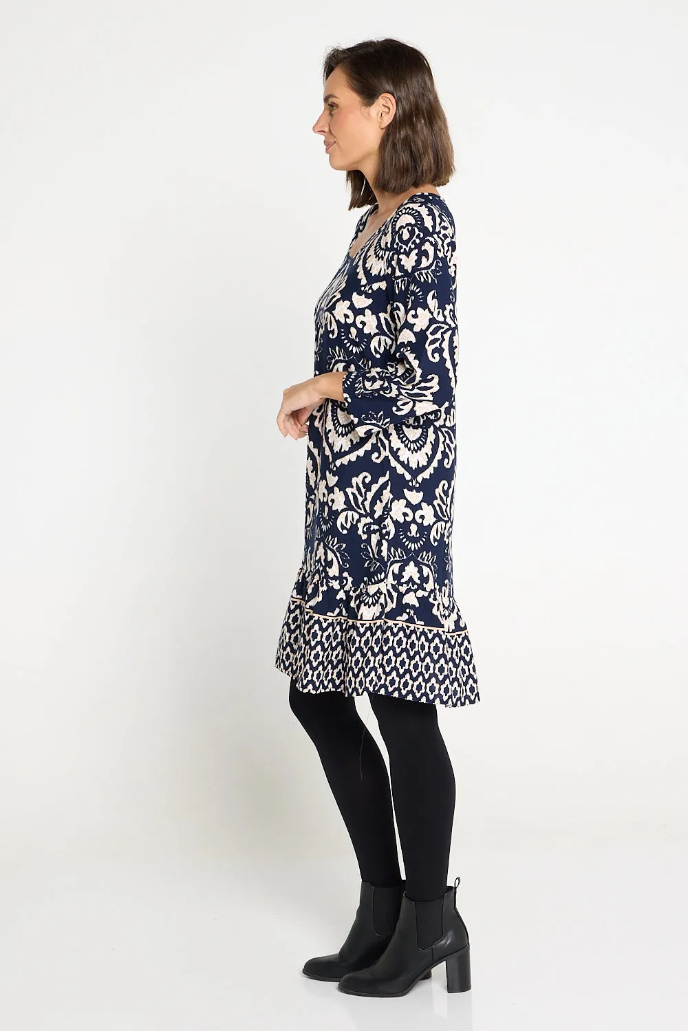 Cassandra Petite Dress - Navy Jacobean