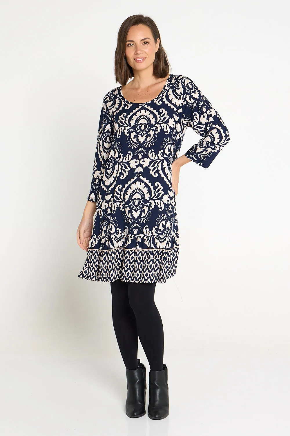 Cassandra Petite Dress - Navy Jacobean