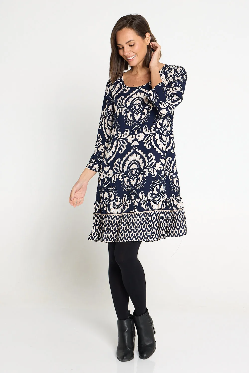 Cassandra Petite Dress - Navy Jacobean