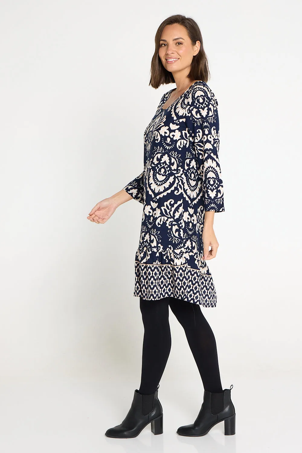 Cassandra Petite Dress - Navy Jacobean