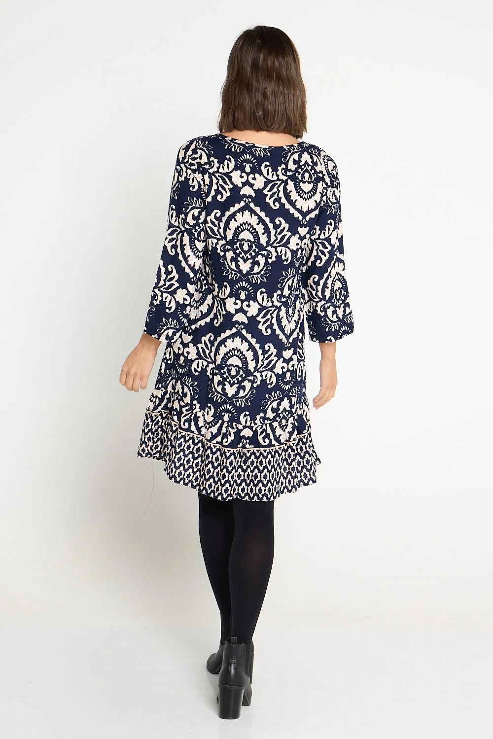 Cassandra Petite Dress - Navy Jacobean