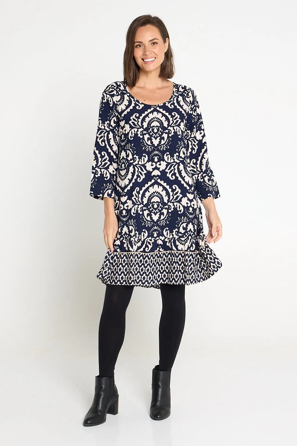 Cassandra Petite Dress - Navy Jacobean