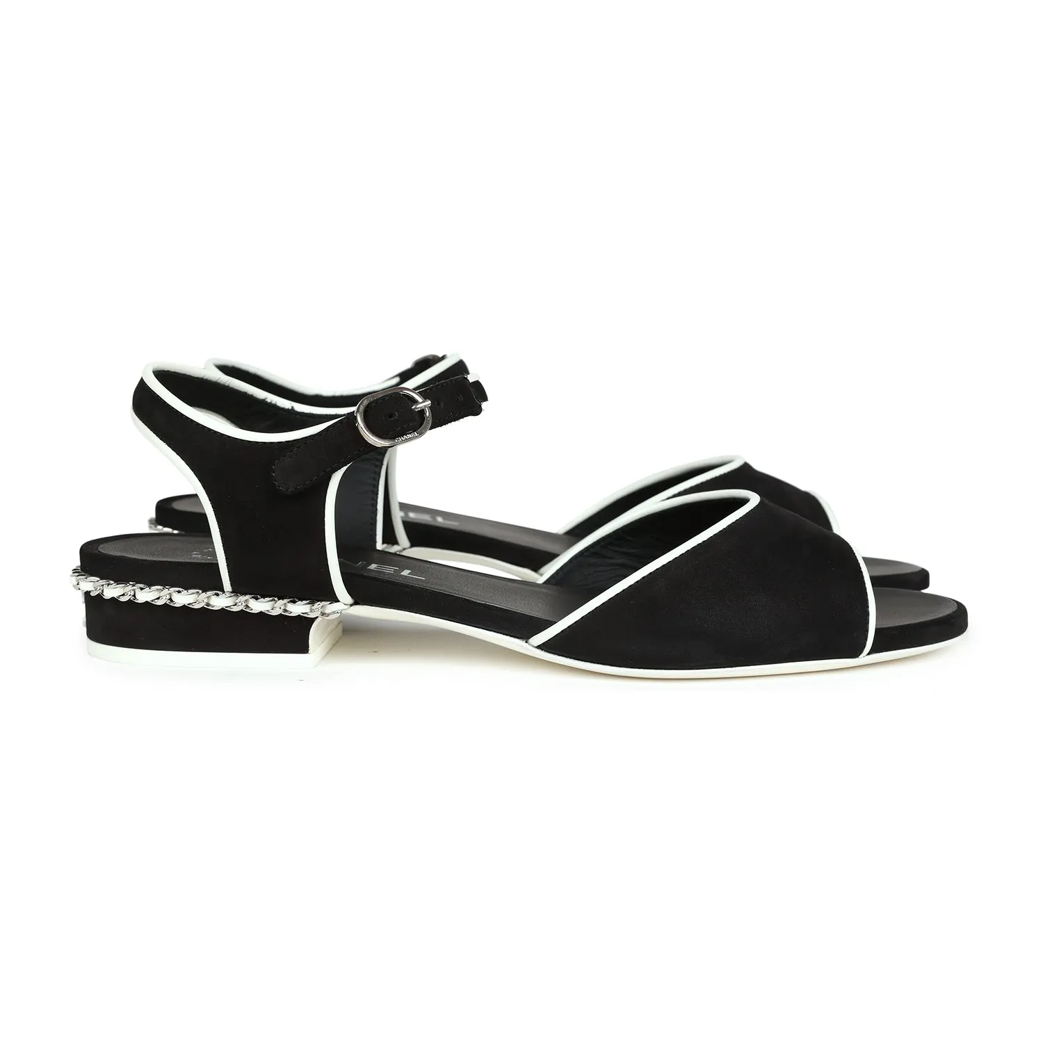 Chanel Slingback Sandals Black and White Suede and Lambskin Silver Hardware 37 EU