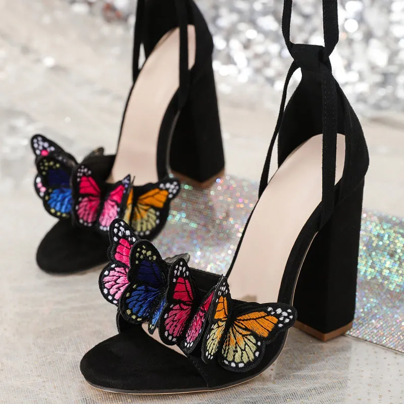 Colored Butterflies Suede Ankle Strappy Sandals