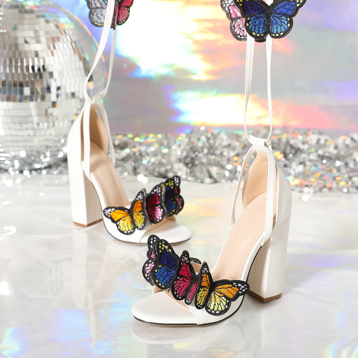 Colored Butterflies Suede Ankle Strappy Sandals