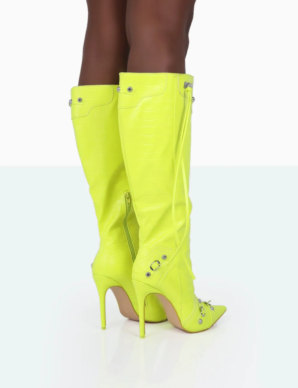 Davina Neon Yellow Croc Pointed Toe Zip Detail Knee High Boots