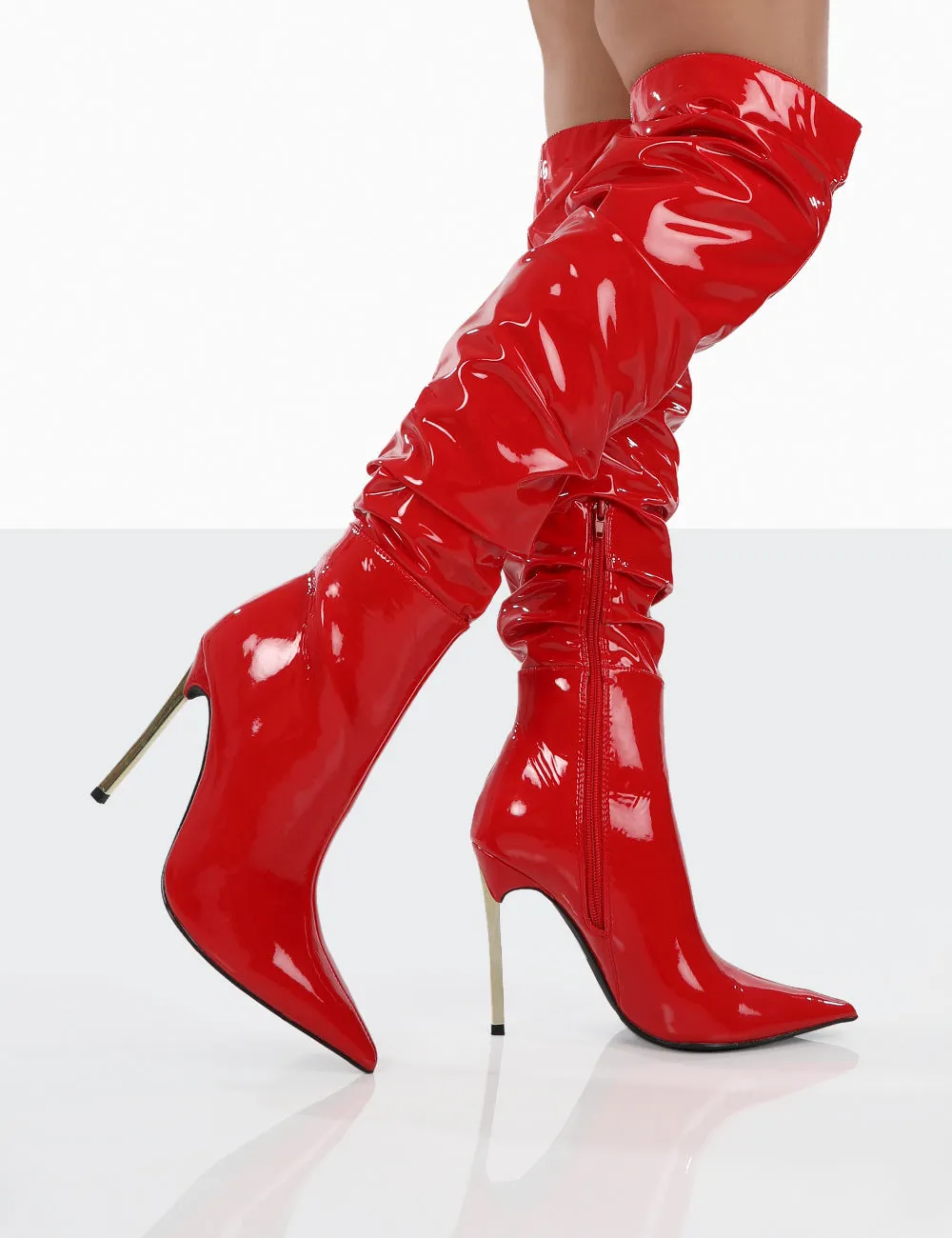 Energy Red Patent Pointed Toe Over The Knee Heeled Boots