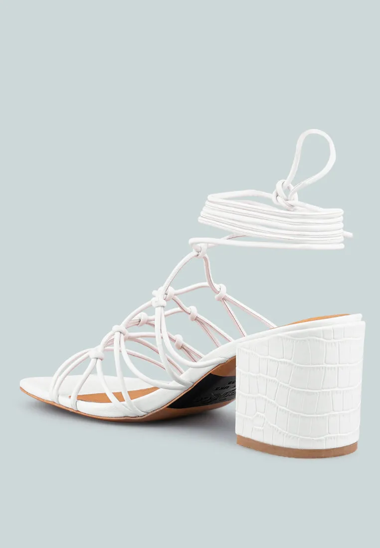 FONDA Croc Patterned White Handcrafted Lace Up Sandal