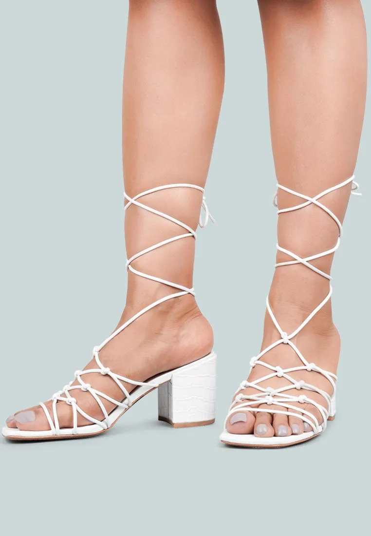 FONDA Croc Patterned White Handcrafted Lace Up Sandal