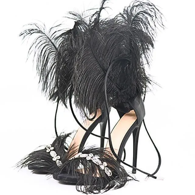 Fur High Heels with Feathers on Back