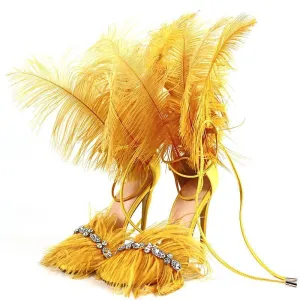 Fur High Heels with Feathers on Back