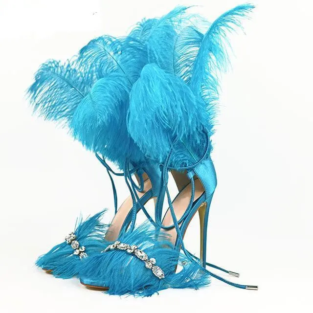 Fur High Heels with Feathers on Back