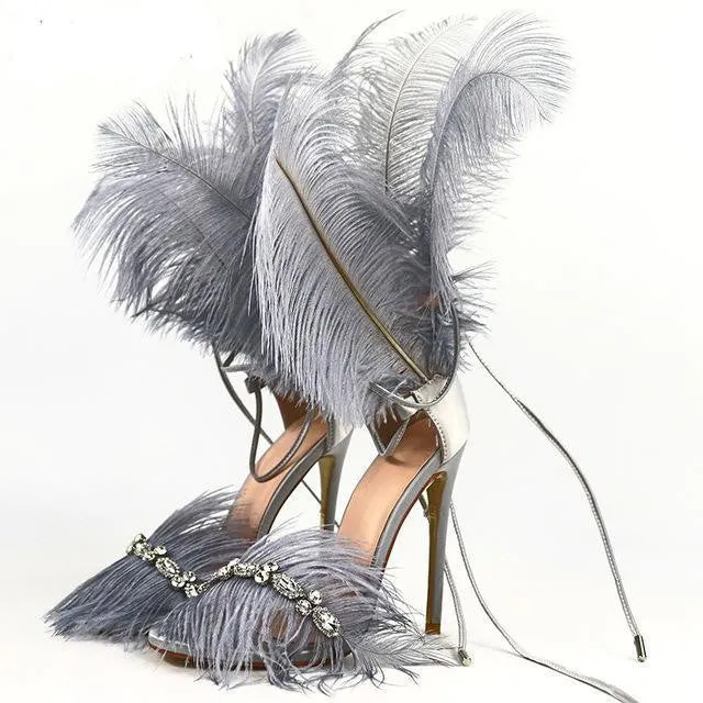 Fur High Heels with Feathers on Back