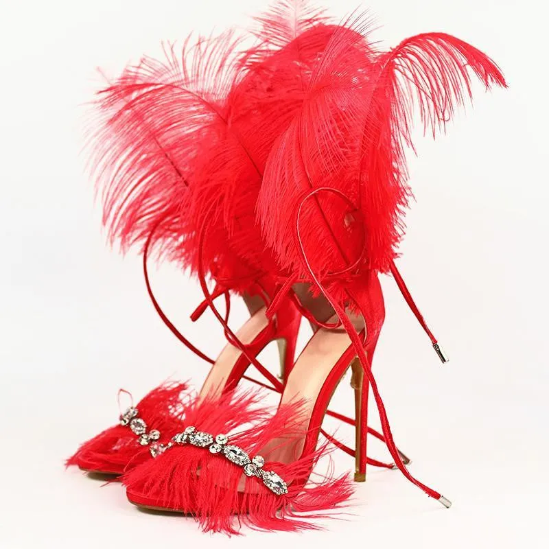 Fur High Heels with Feathers on Back