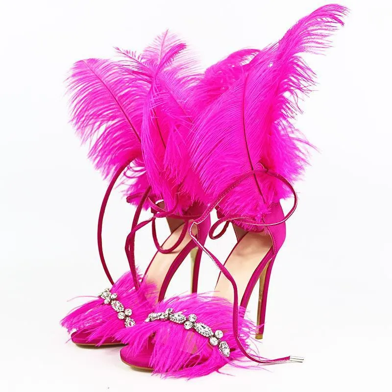 Fur High Heels with Feathers on Back