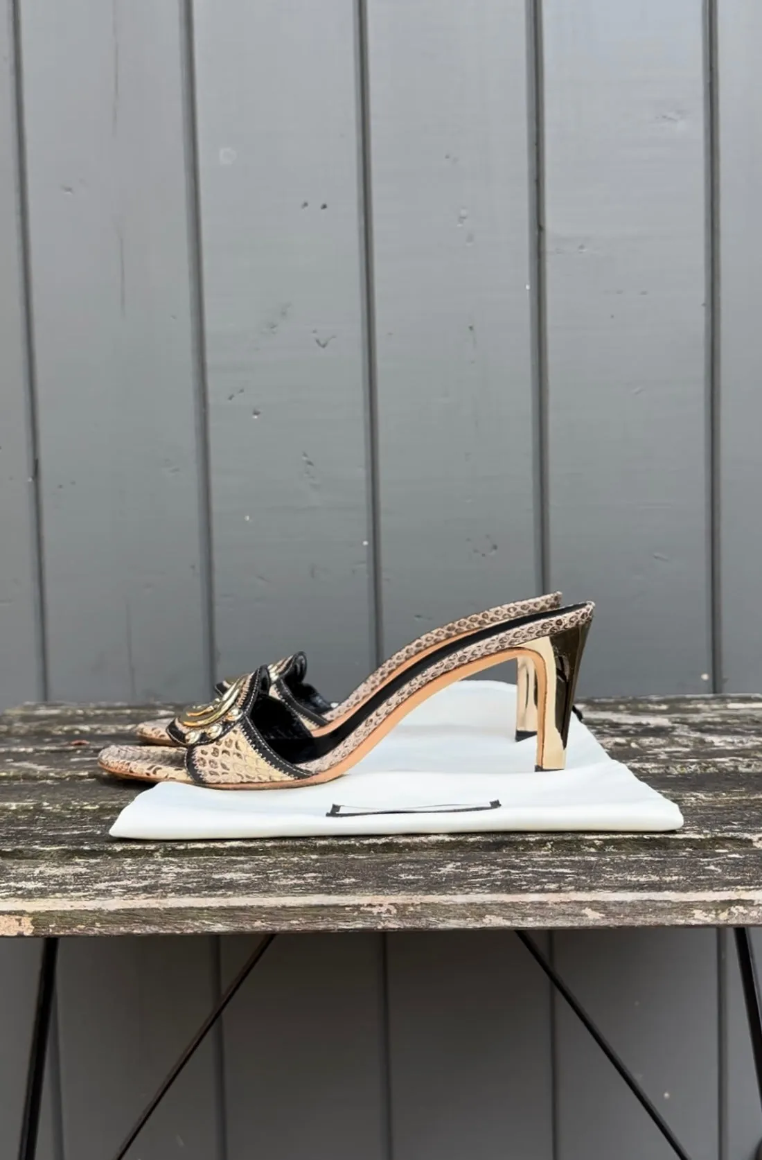 GUCCI GG Rattle Snakeskin High Heel Slide Sandals