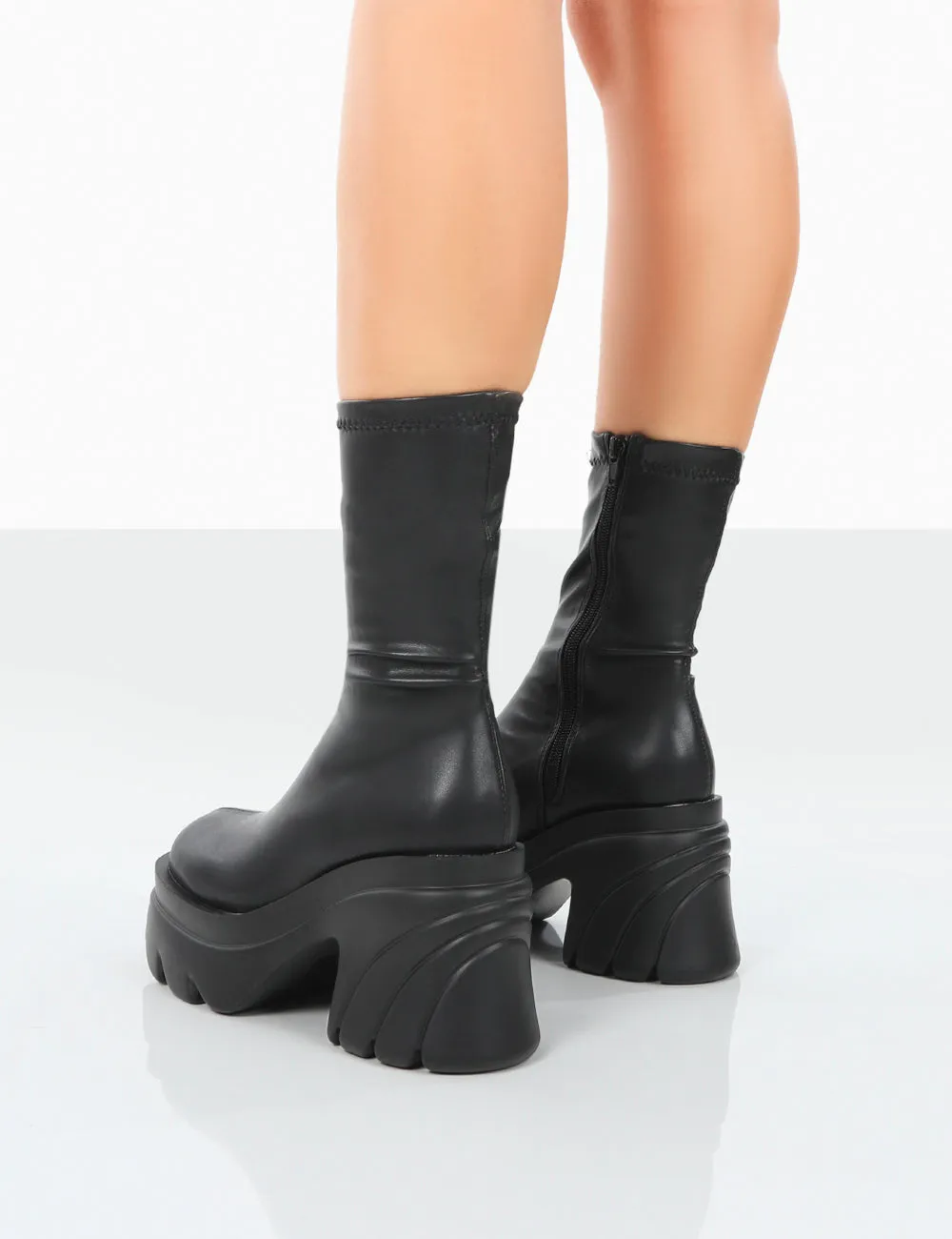 Jennie Black Drench PU Platform Chunky Sole Heeled Ankle Boots