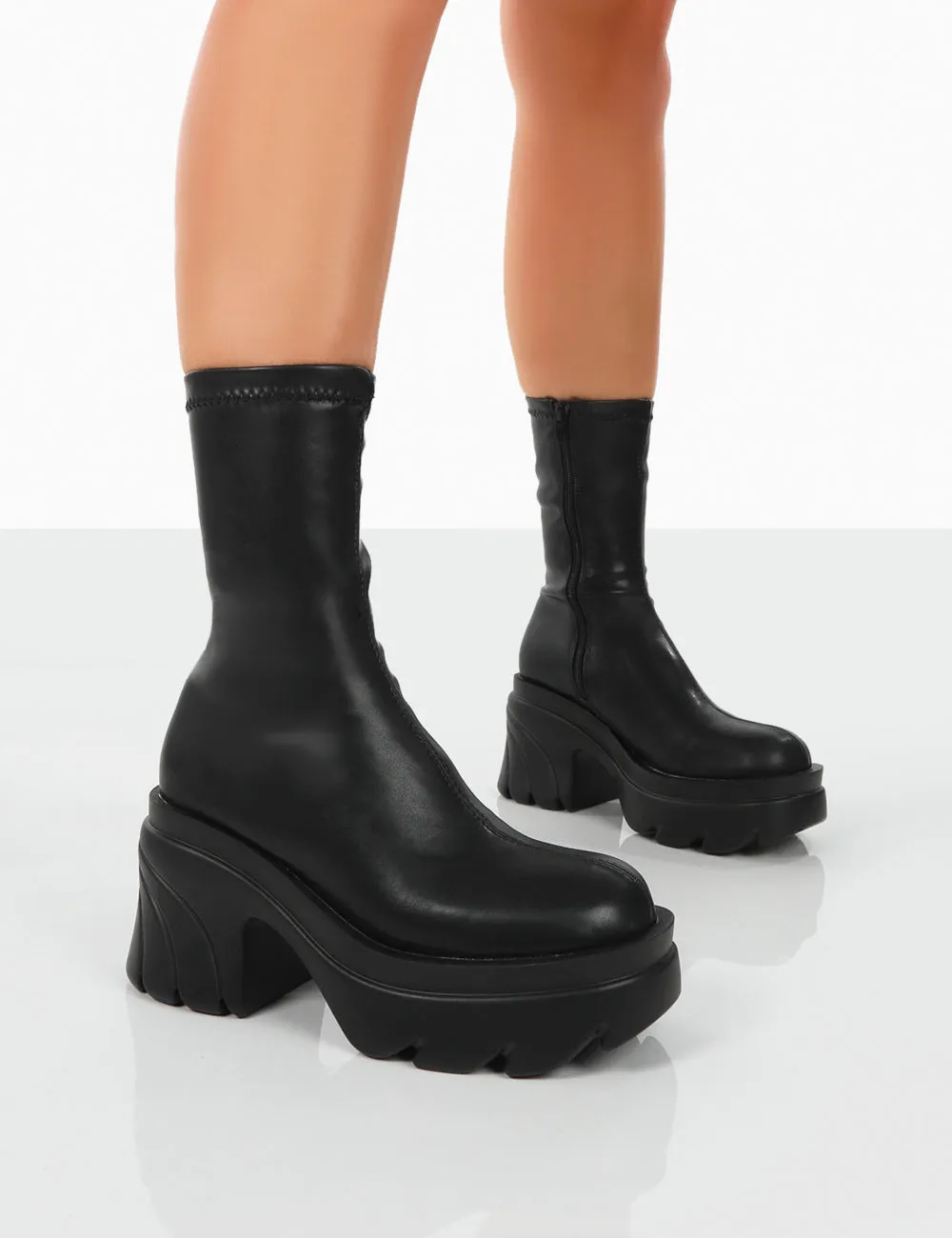 Jennie Black Drench PU Platform Chunky Sole Heeled Ankle Boots