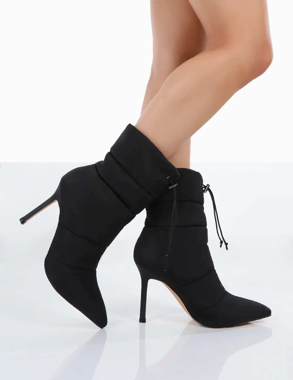 Kenza x Public Desire Reset Black Nylon Stiletto Padded Heeled Ankle Boots