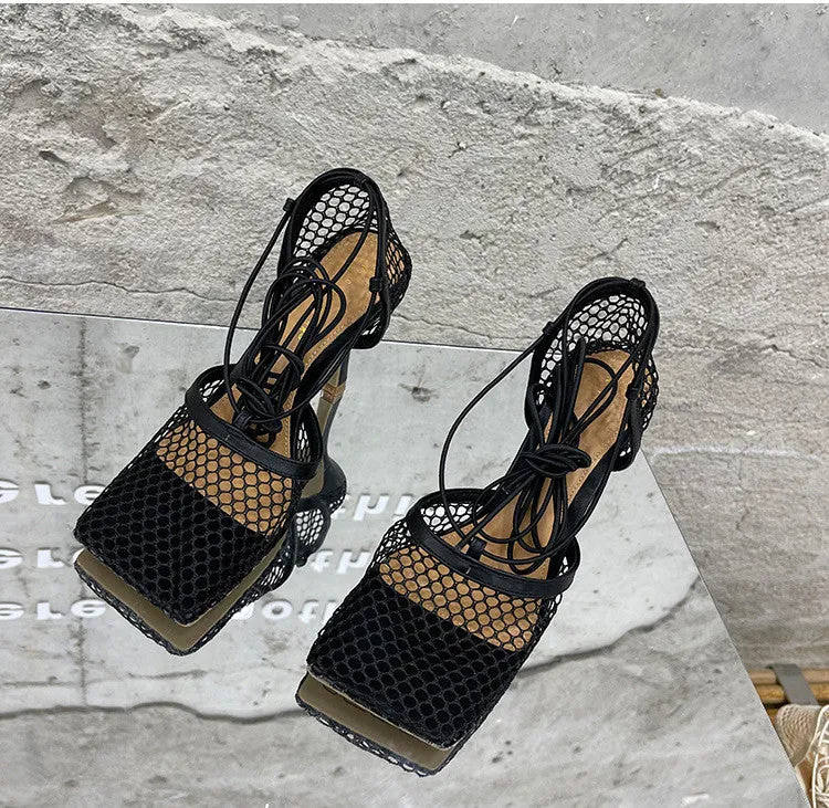 Lace Up Cross-Tied Hollow Mesh High Heel Sandals