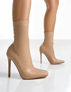 Lars Nude Pu Sock High Heeled Stiletto Ankle Boots