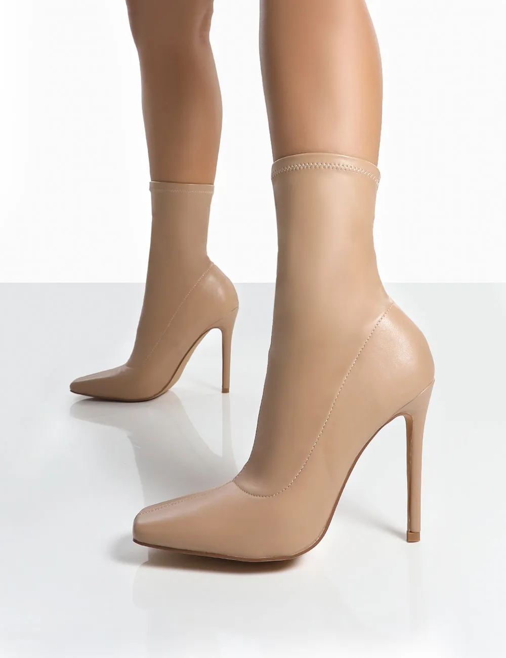 Lars Nude Pu Sock High Heeled Stiletto Ankle Boots