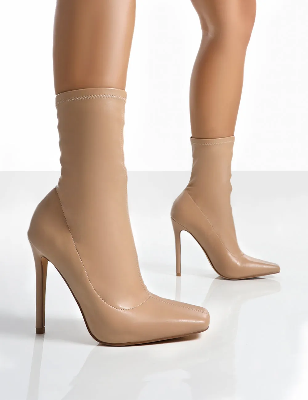 Lars Nude Pu Sock High Heeled Stiletto Ankle Boots