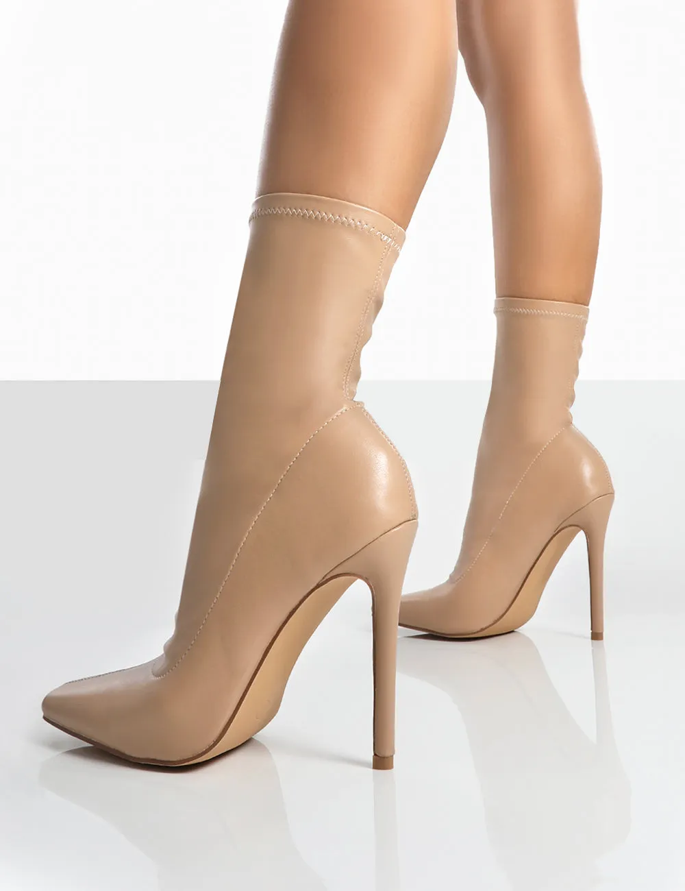 Lars Nude Pu Sock High Heeled Stiletto Ankle Boots