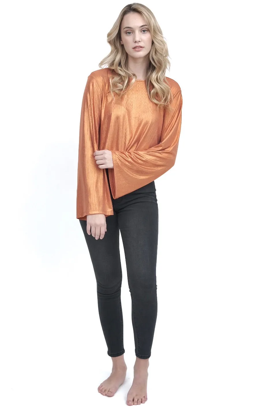 Metallic Orange Flare Sleeve Top