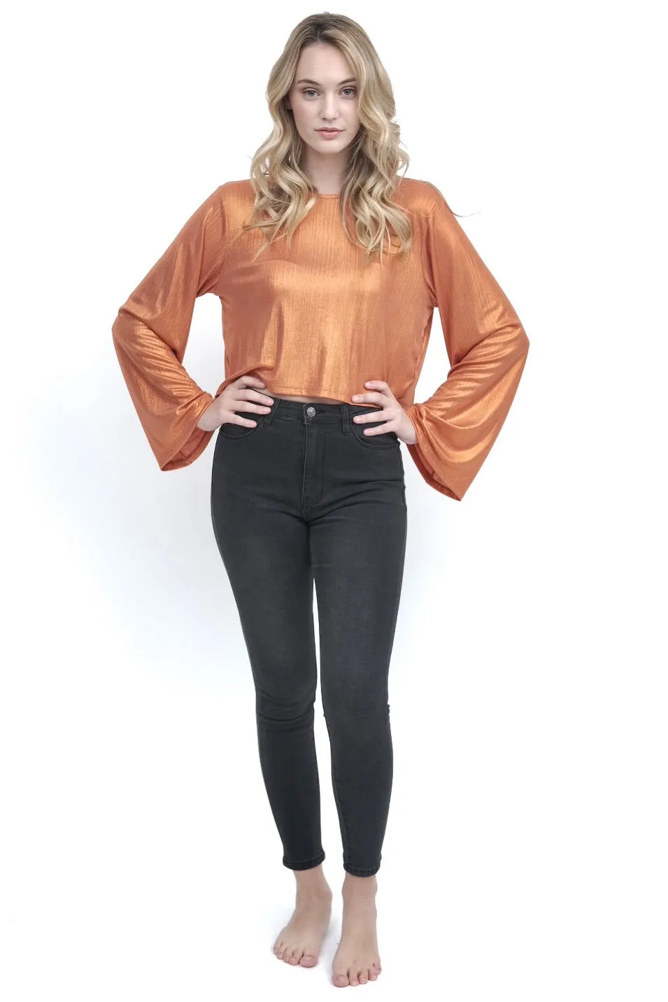 Metallic Orange Flare Sleeve Top