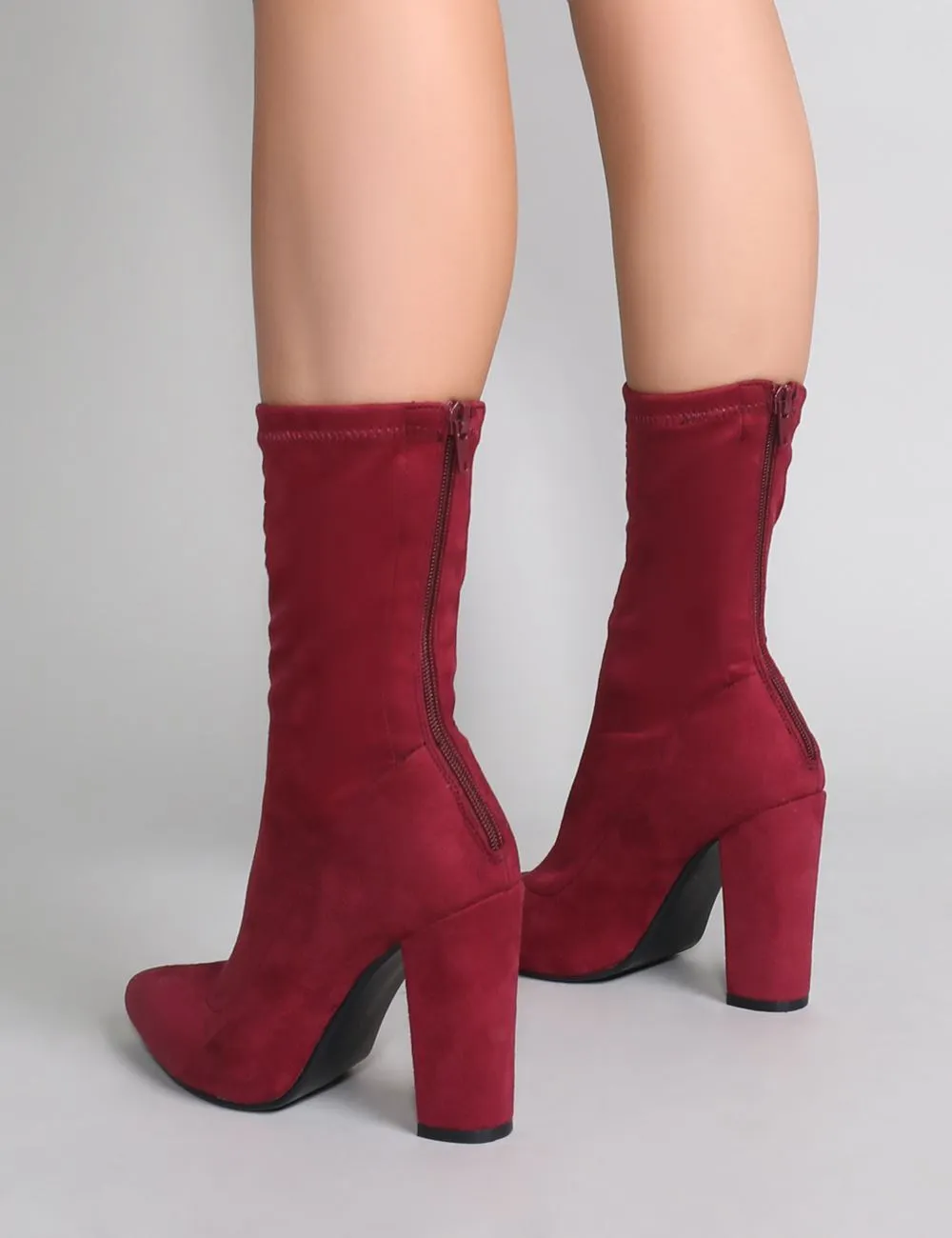 Montreal Sock Fit Ankle Boots in Burgundy Faux Suede