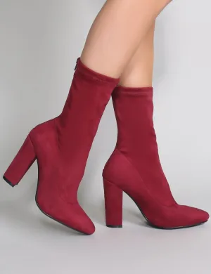 Montreal Sock Fit Ankle Boots in Burgundy Faux Suede