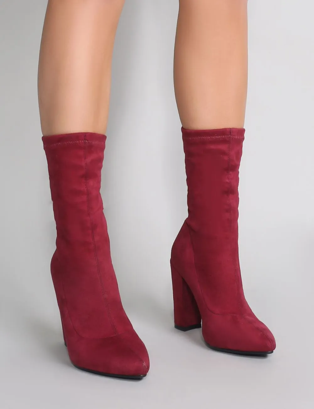 Montreal Sock Fit Ankle Boots in Burgundy Faux Suede