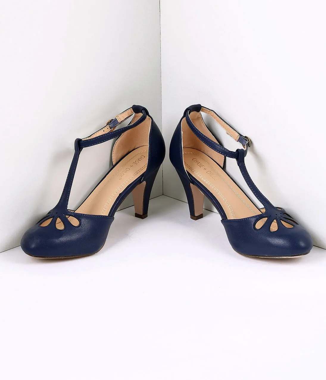 Navy Blue Pleather Cutout Kimmy T-Strap Heels