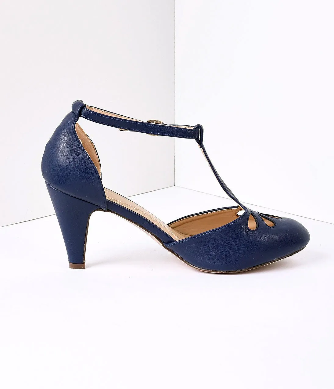 Navy Blue Pleather Cutout Kimmy T-Strap Heels