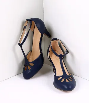 Navy Blue Pleather Cutout Kimmy T-Strap Heels