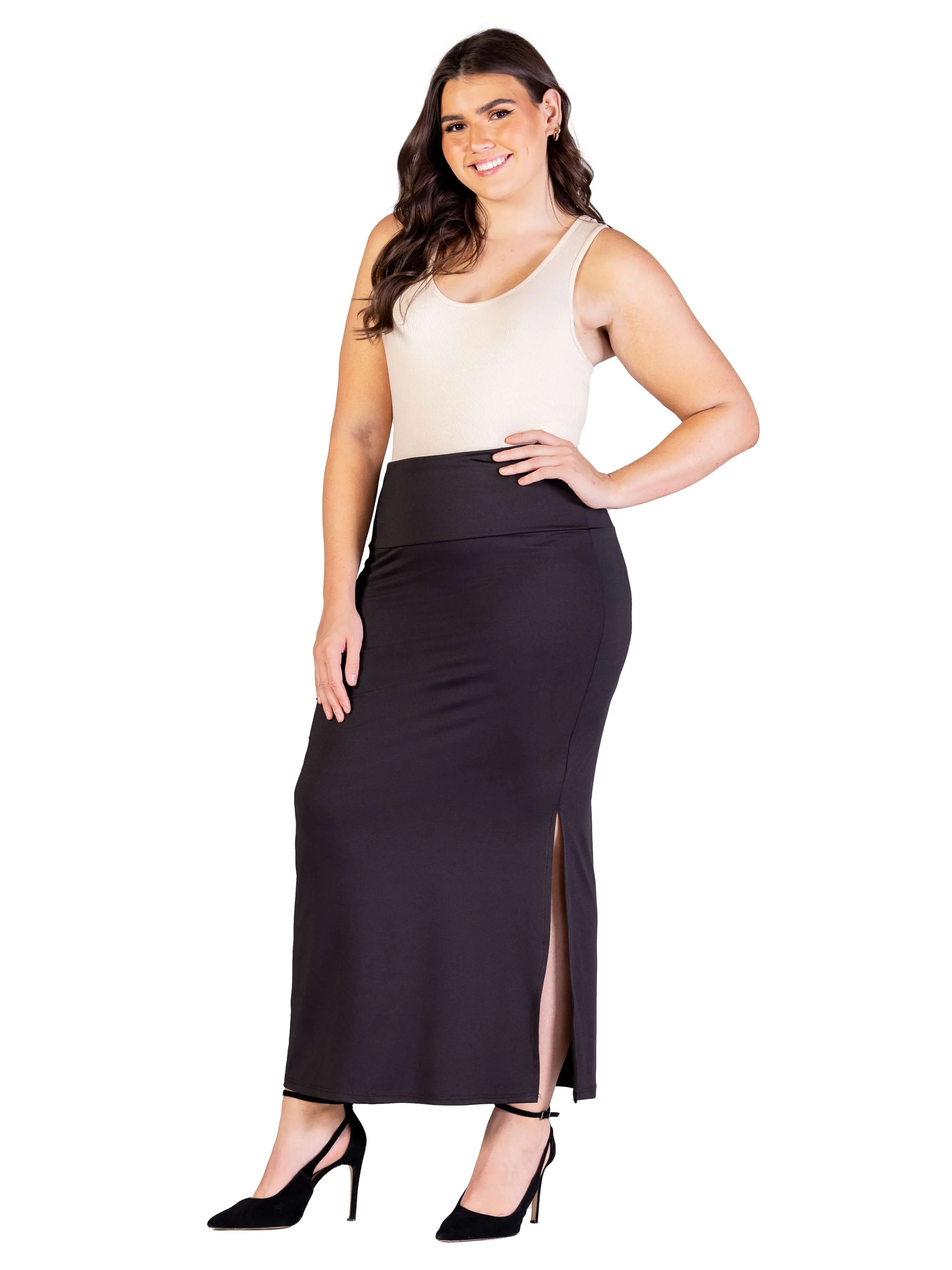 Plus Size Versatile Side Slit Elastic Waist Maxi Skirt