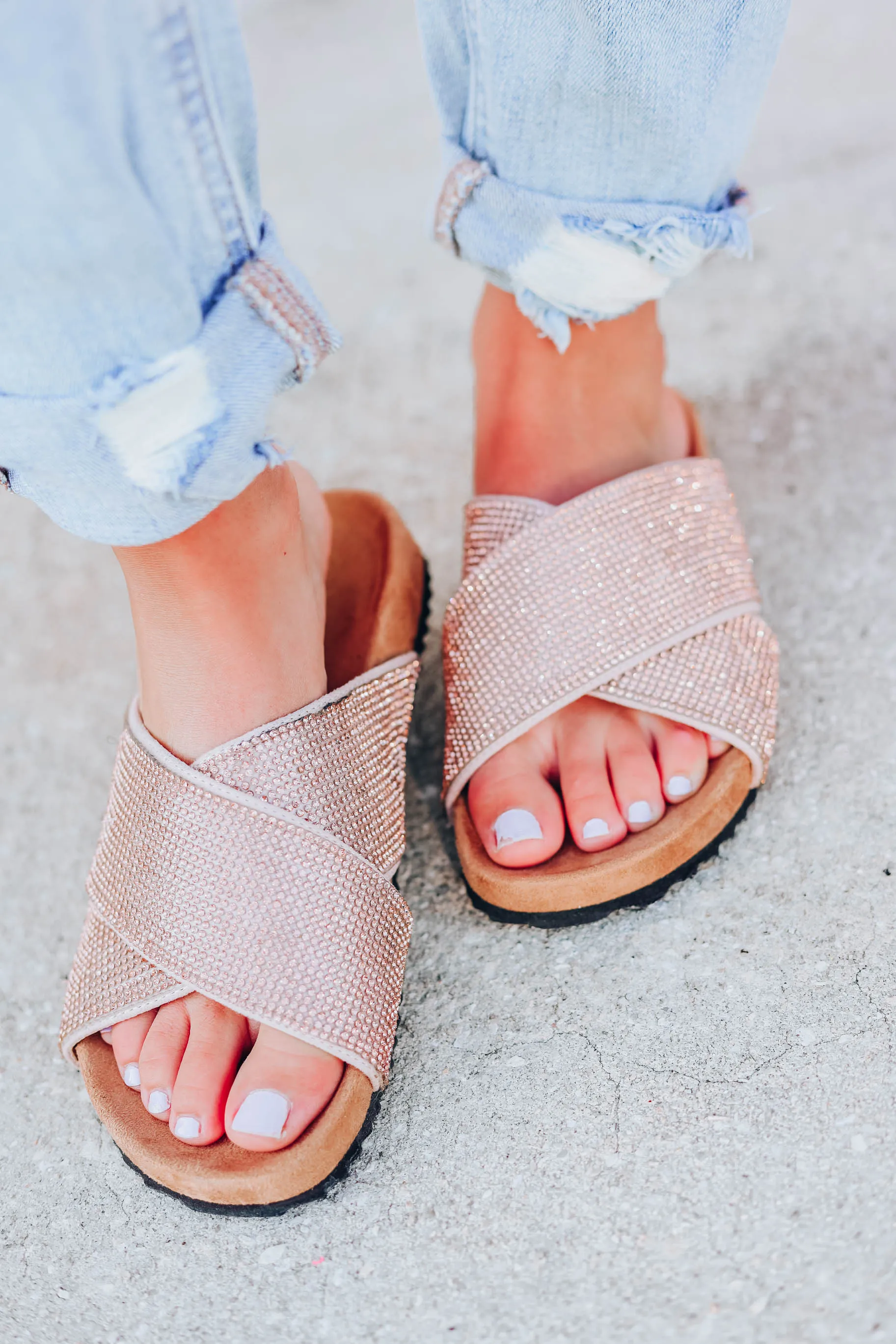 Reid Rhinestone Slide Sandals - Rose Gold