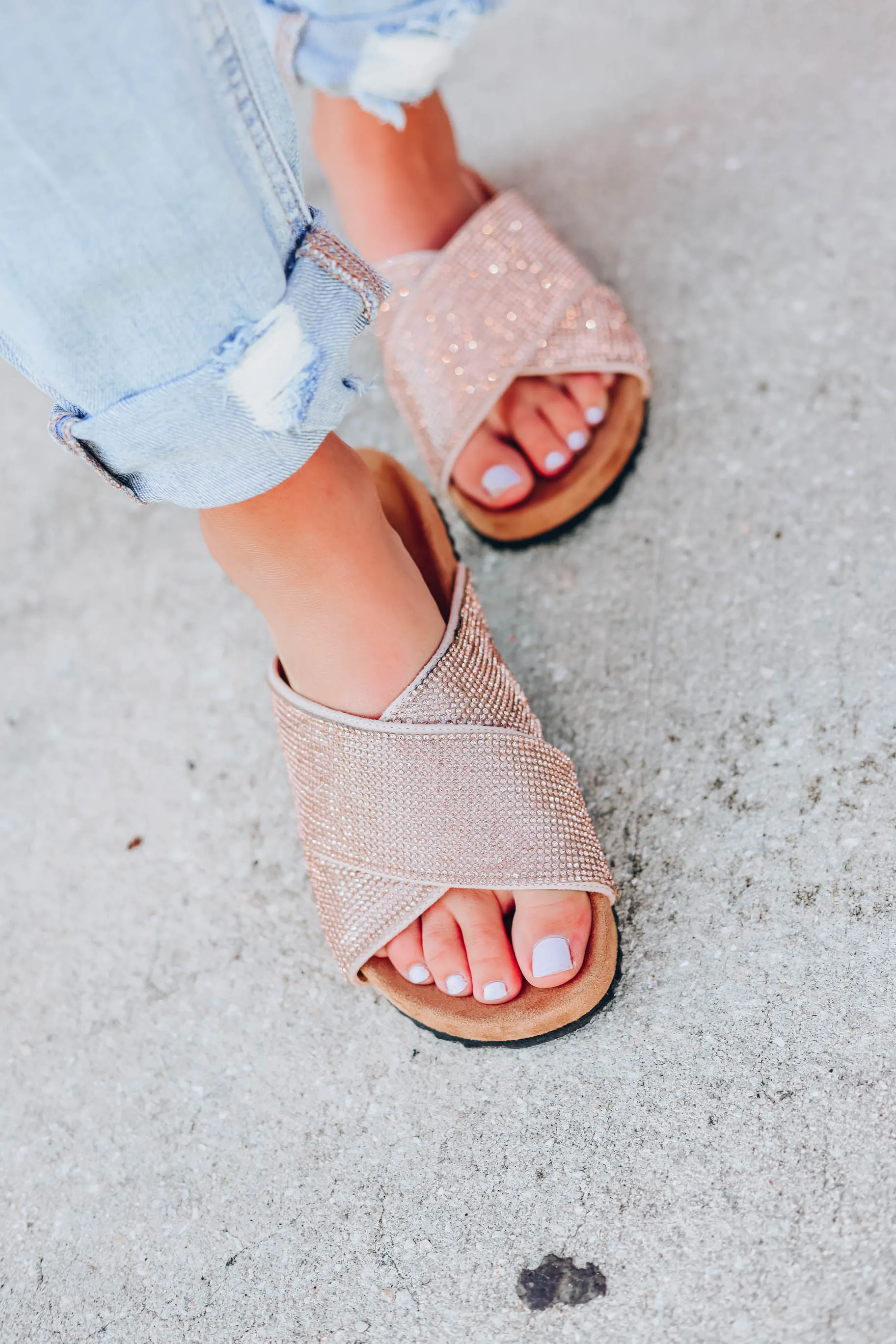 Reid Rhinestone Slide Sandals - Rose Gold