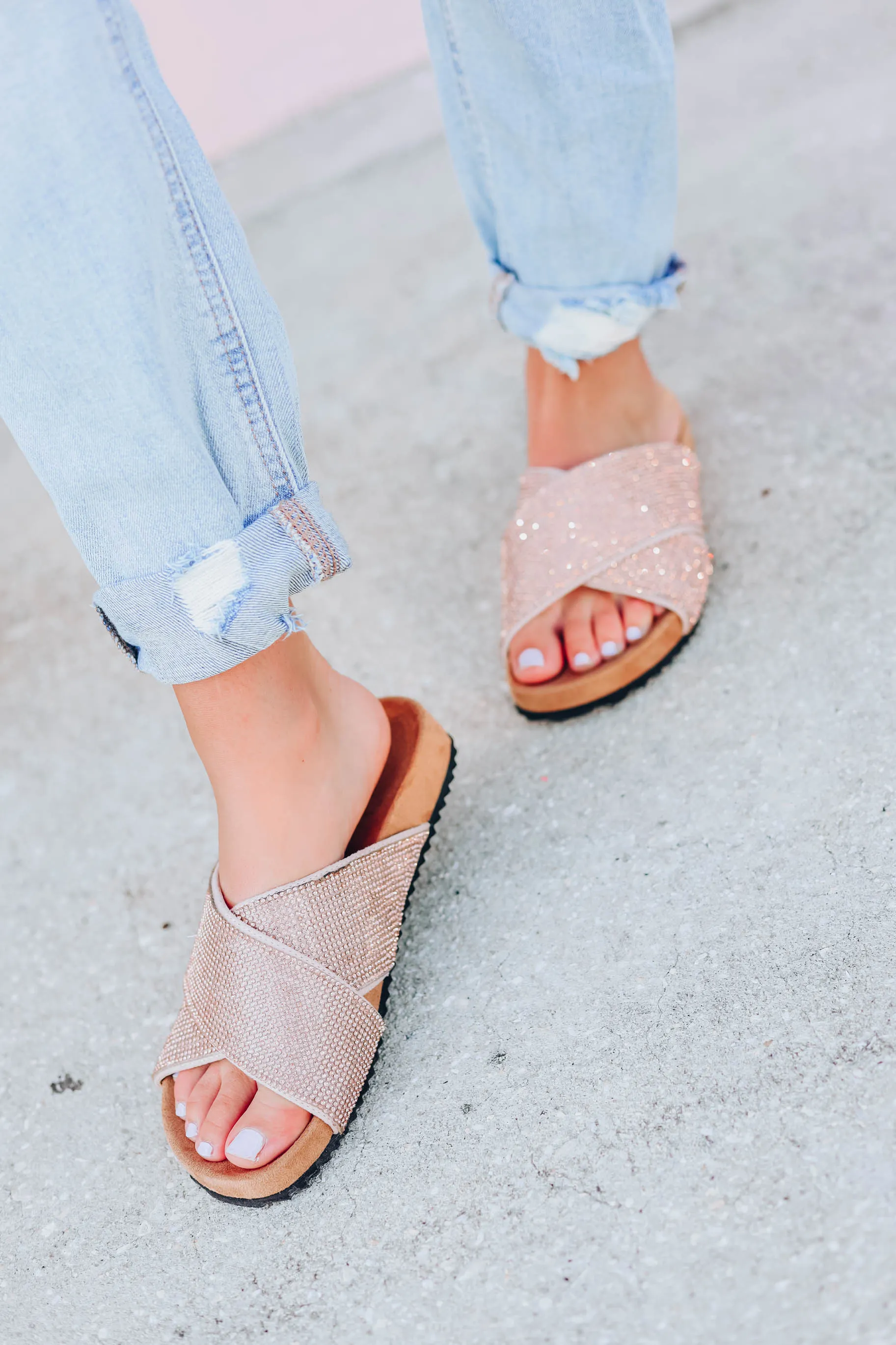 Reid Rhinestone Slide Sandals - Rose Gold