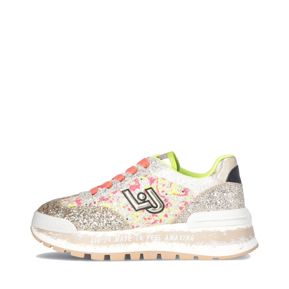 Scarpe Donna LIU JO Sneakers Platform Amazing 26 Full Glitter Multicolor Gold White e Fluo